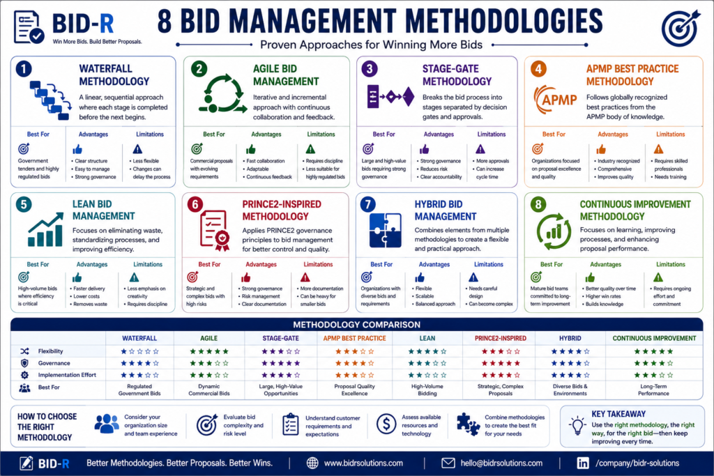 Infographic comparing eight bid management methodologies, including Waterfall, Agile, Stage-Gate, APMP Best Practices, Lean, PRINCE2-inspired governance, Hybrid, and Continuous Improvement approaches.