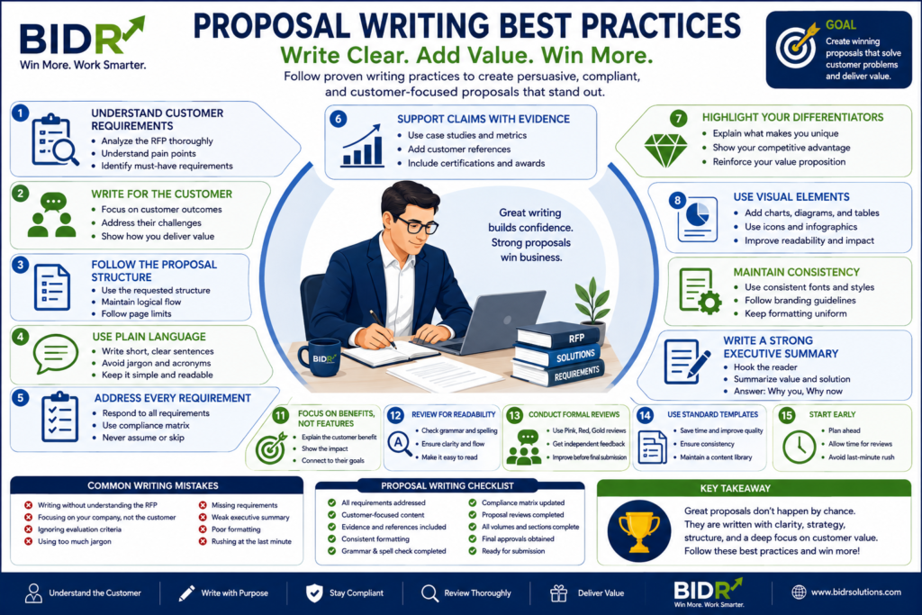 Proposal Writing Best Practices infographic showing customer-focused writing techniques, proposal structure, compliance checks, executive summary tips, proposal reviews, formatting guidelines, and proposal writing checklist.